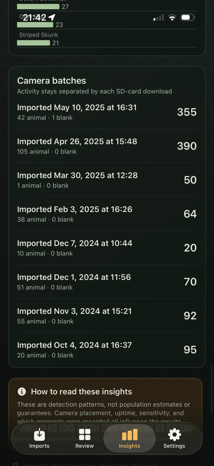 TriggerSort camera batch breakdown with separate totals for multiple SD-card downloads