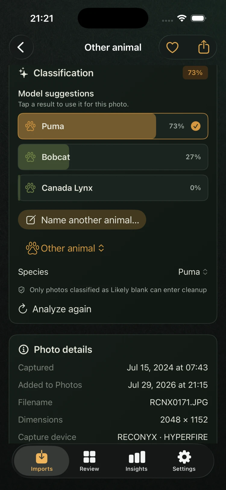 TriggerSort review screen identifying a Monument, Colorado mountain lion as Puma with 73 percent confidence